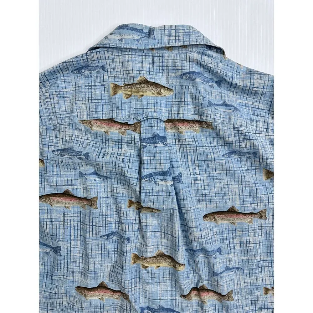 Columbia River Lodge Trout Fish Print Cotton Fishing Shirt Men’s L